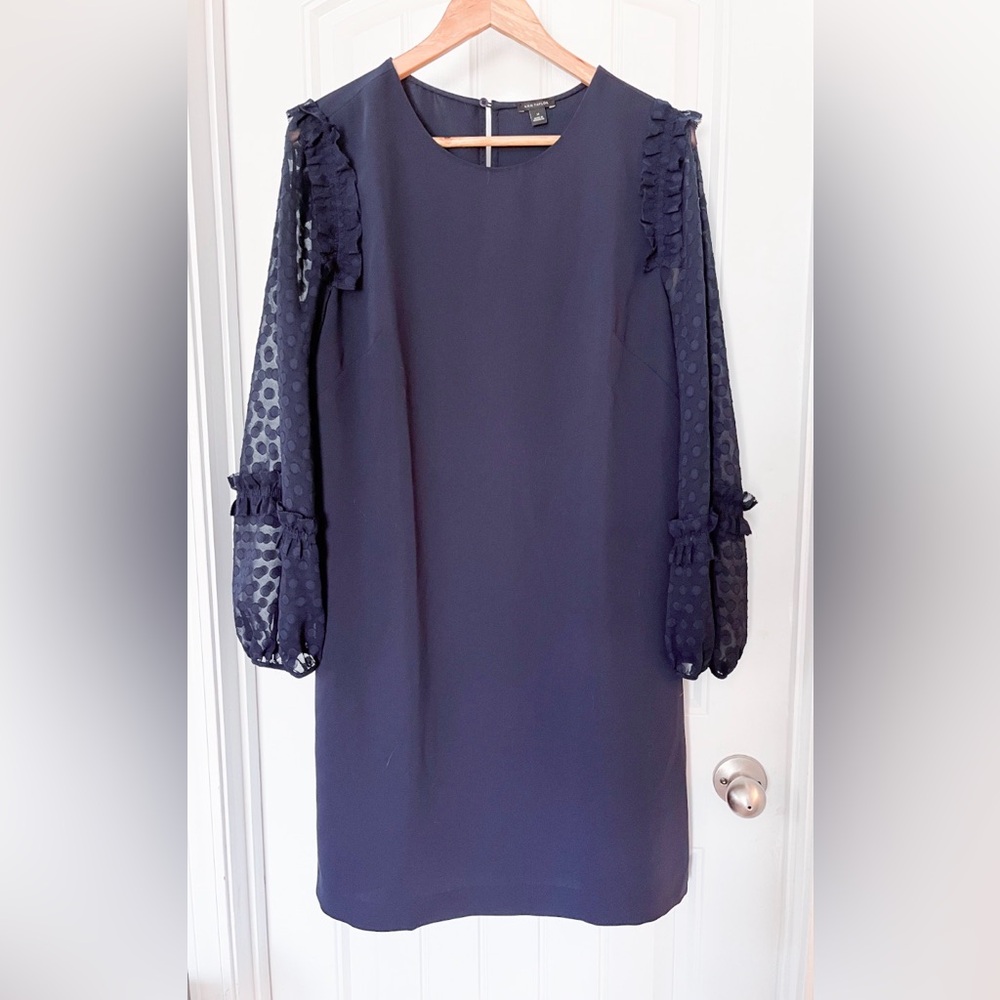 Ann Taylor Navy Shift Dress with Sheer Dot Long Sleeves